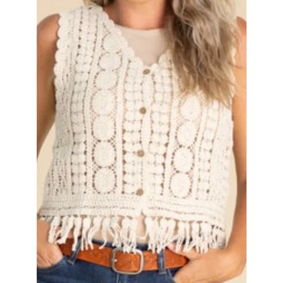Women's Adora Crochet Fringe Vest in Beige, OS - Picture 2 of 7